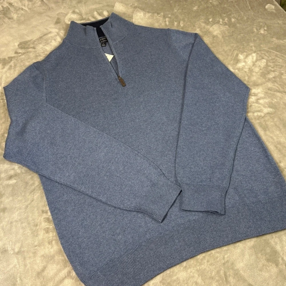 J.Crew Cotton Quarter Zip Sweater Heather Blue Mock Neck Pullover Mens L NWT